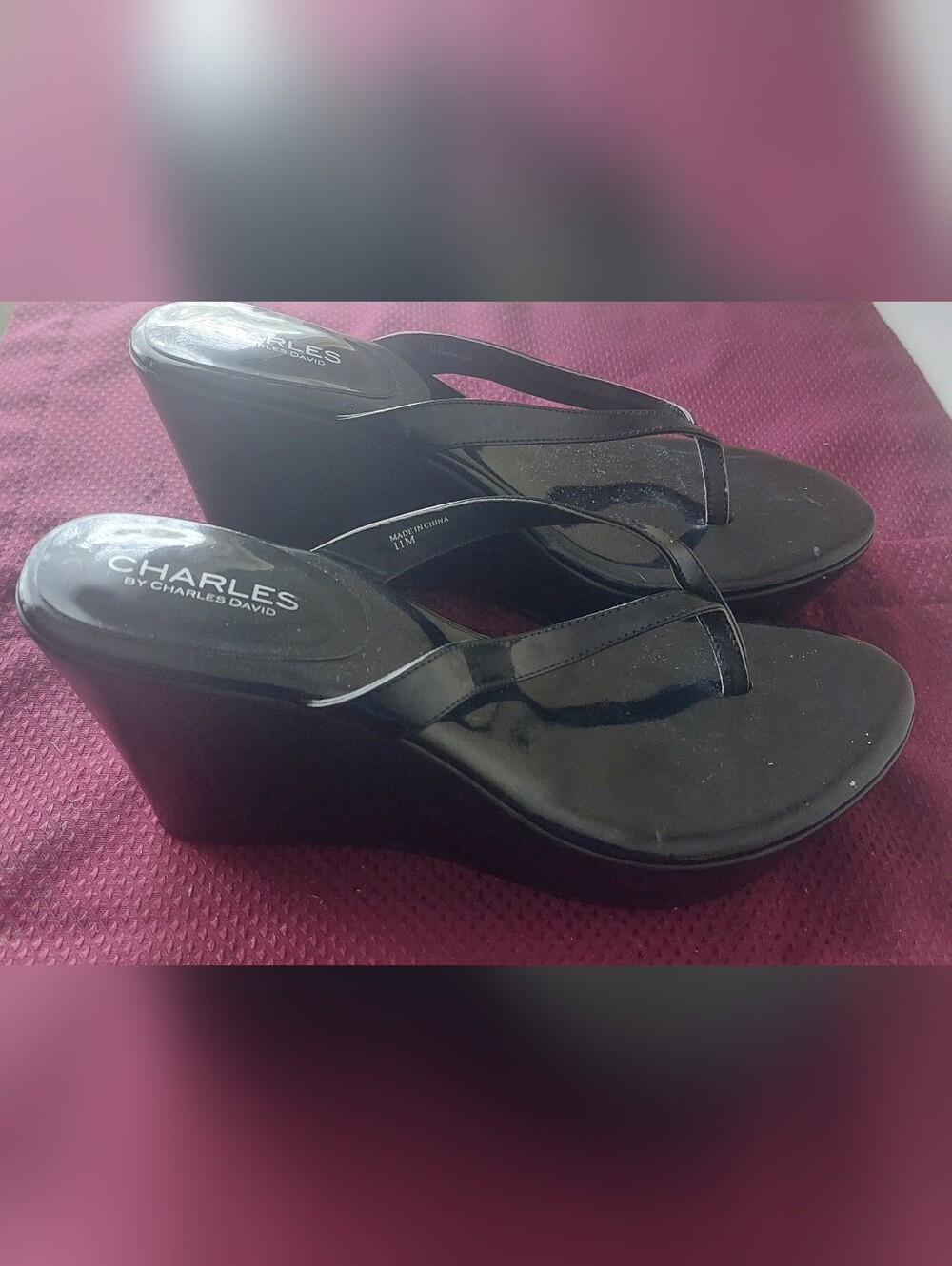 Charles By Charles David Black Patent Wedge Flip Flops